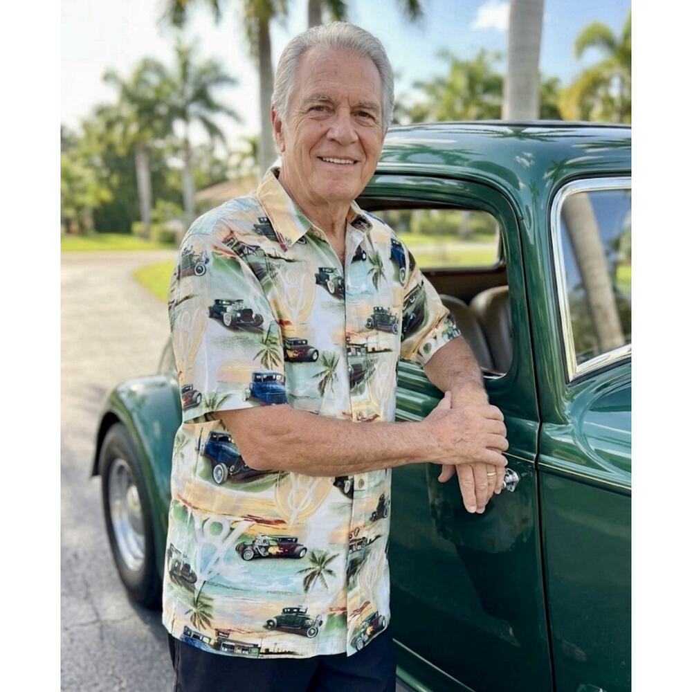 Newport Blue Hawaiian Shirt Classic Car Hot Rod Button Up Short Men's Size Large